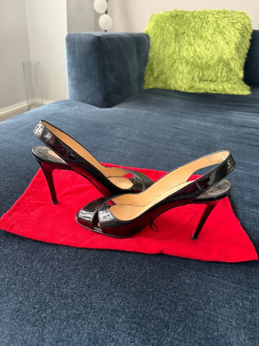 Christian Louboutin, black patent leather sling backs. Size 38.5